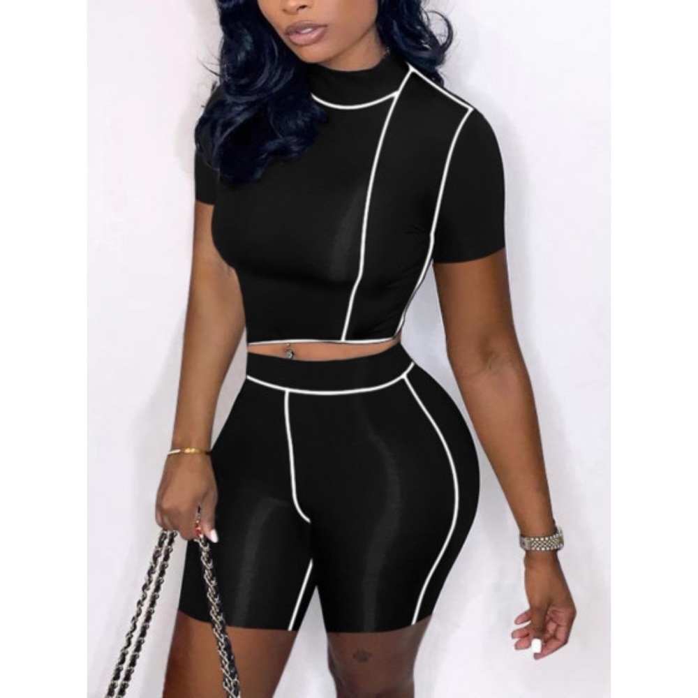 Lovelywholesale Striped black Two-Piece Short Set